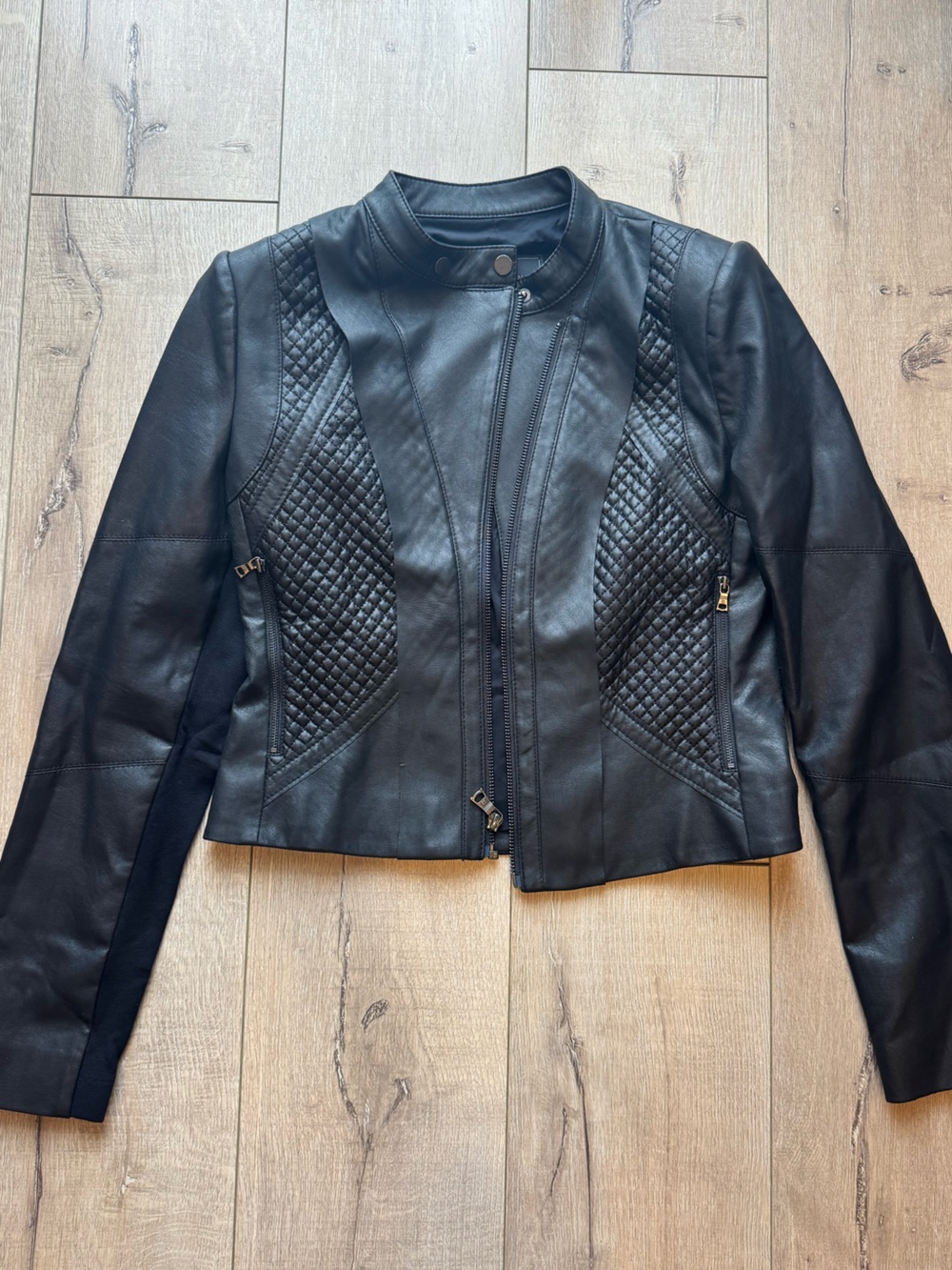 BCBGMAXAZRIA Black Moto Jacket Quilted Faux Leather Zip Detail - Size S